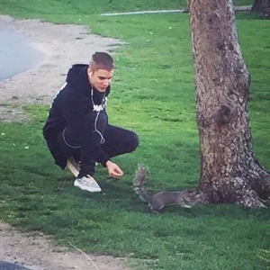 Plusieurs internautes ont photographiés Justin Bieber en train de s'amuser avec un écureuil dans un parc de Boston, le 9 mai 2016. Photo publiée sur Twitter.