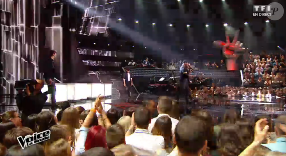 Clément Verzi, Slimane, MB14 et Antoine lors de la finale de The Voice 5, sur TF1, le samedi 14 mai 2016