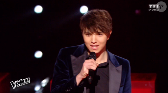 Clément Verzi, Slimane, MB14 et Antoine lors de la finale de The Voice 5, sur TF1, le samedi 14 mai 2016