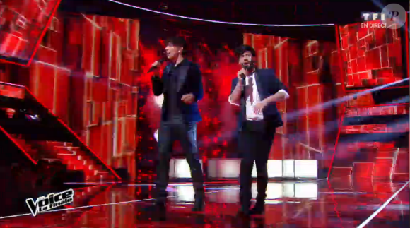 Clément Verzi, Slimane, MB14 et Antoine lors de la finale de The Voice 5, sur TF1, le samedi 14 mai 2016