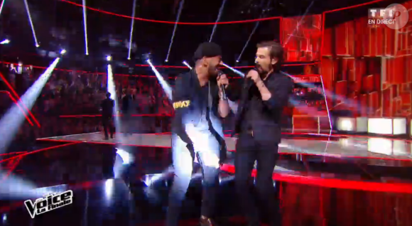 Clément Verzi, Slimane, MB14 et Antoine lors de la finale de The Voice 5, sur TF1, le samedi 14 mai 2016