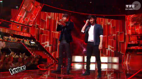 Clément Verzi, Slimane, MB14 et Antoine lors de la finale de The Voice 5, sur TF1, le samedi 14 mai 2016