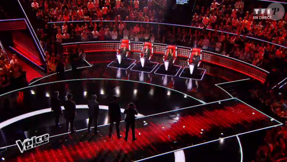 Clément Verzi, Slimane, MB14 et Antoine lors de la finale de The Voice 5, sur TF1, le samedi 14 mai 2016