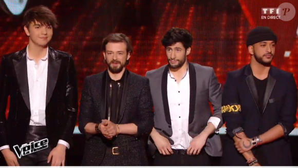 Les 4 finalistes lors de la finale de The Voice 5, sur TF1, le samedi 14 mai 2016