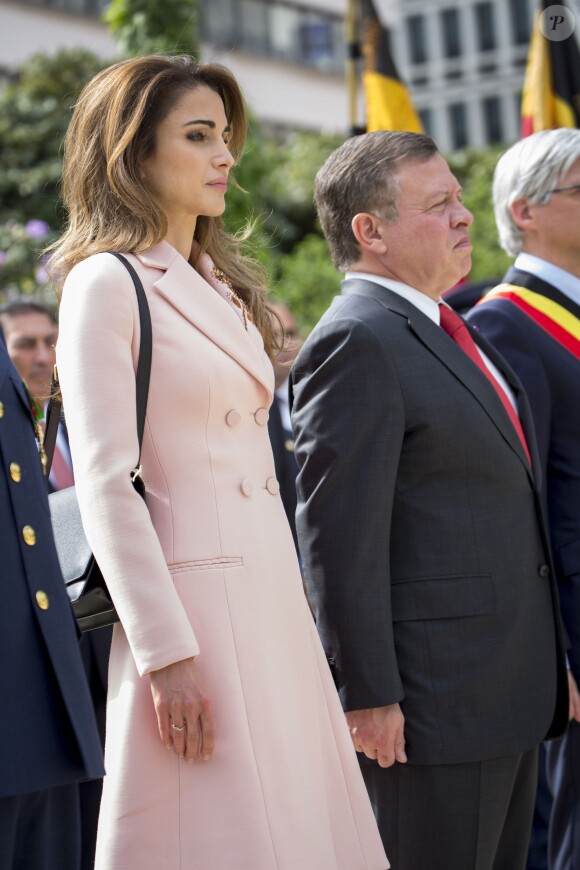 Le roi Abdallah II et la reine Rania de Jordanie sont accueillis au Palais Royal par le roi Philippe et la reine Mathilde de Belgique, pour une réception, à l'occasion d'une visite d'état de trois jours en Belgique. Bruxelles, 18 mai 2016.