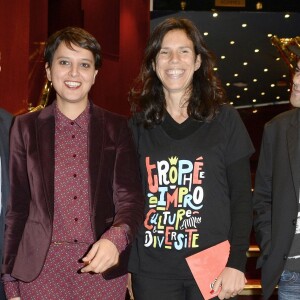 Marc Ladreit de Lacharrière, Najat Vallaud-Belkacem, Éléonore de Lacharrière et Jamel Debbouze - Finale du Trophée d'Impro Culture & Diversité, au Théâtre Comédia à Paris le 23 mai 2016. © Coadic Guirec/ Bestimage