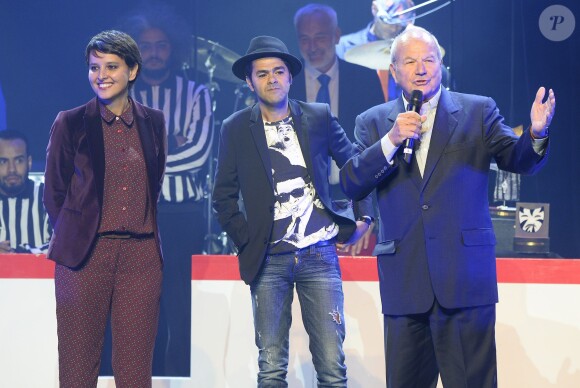 Najat Vallaud-Belkacem, Jamel Debbouze et Marc Ladreit de Lacharrière - Finale du Trophée d'Impro Culture & Diversité, au Théâtre Comédia à Paris le 23 mai 2016. © Coadic Guirec/ Bestimage23/05/2016 - Paris