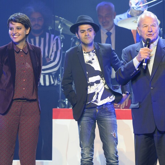 Najat Vallaud-Belkacem, Jamel Debbouze et Marc Ladreit de Lacharrière - Finale du Trophée d'Impro Culture & Diversité, au Théâtre Comédia à Paris le 23 mai 2016. © Coadic Guirec/ Bestimage23/05/2016 - Paris