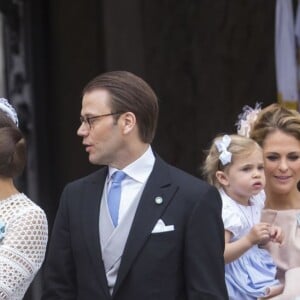 Hans Åström (parrain), La princesse Mette-Marit de Norvège (marraine), Le prince Frederik de Danemark (parrain), le prince Oscar, la princesse Victoria, le prince Daniel, la princesse Estelle, la princesse Madeleine et la princesse Leonore, Oscar Magnuson (parrain) - Baptême du prince Oscar de Suède à Stockholm en Suède le 27 mai 2016.