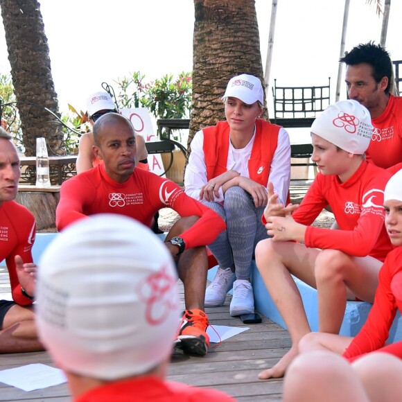 Exclusif - La princesse Charlene de Monaco et sa Fondation organisaient le 6 juin 2016 sur la plage du Larvotto une nouvelle journée d'action du programme Water Safety pour la prévention de la noyade, avec l'aide de grands champions comme Alain Bernard et Pierre Frolla. © Bruno Bebert / Pool restreint Monaco / Bestimage - Crystal - Visual