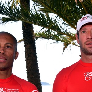 Exclusif - Stéphane Diagana et Alain Bernard. La princesse Charlene de Monaco et sa Fondation organisaient le 6 juin 2016 sur la plage du Larvotto une nouvelle journée d'action du programme Water Safety pour la prévention de la noyade, avec l'aide de grands champions comme Alain Bernard et Pierre Frolla. © Bruno Bebert / Pool restreint Monaco / Bestimage - Crystal - Visual