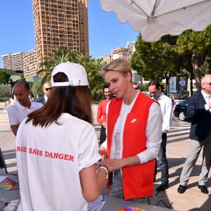 Exclusif - La princesse Charlene de Monaco et sa Fondation organisaient le 6 juin 2016 sur la plage du Larvotto en principauté une nouvelle journée d'action du programme Water Safety pour la prévention de la noyade, avec l'aide de grands champions comme Alain Bernard et Pierre Frolla. © Bruno Bebert / Pool restreint Monaco / Bestimage - Crystal - Visual