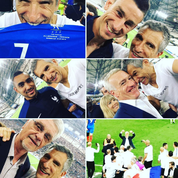 Nagui au Stade Vélodrome de Marseille avec son ami Didier Deschamps, Laurent Koscielny, Dimitri Payet et Aimé Jacquet lors de la victoire des Bleus contre l'Allemagne à l'Euro 2016.