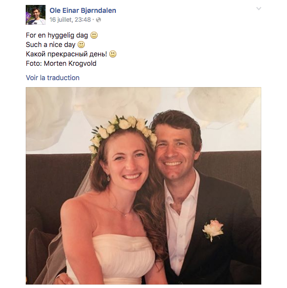 Ole Einar Bjørndalen et Darya Domracheva se sont mariés le 16 juillet 2016. Le biathlète norvégien a partagé l'information avec cette photo sur sa page Facebook.