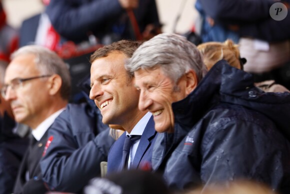 Emmanuel Macron en Vendée au Puy du Fou le 19 août 2016. Étaient présents sa femme Brigitte Macron, Philippe de Villiers (créateur du Parc) et son fils Nicolas (actuel directeur) © Sebastien Valiela / Bestimage