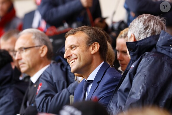 Emmanuel Macron en Vendée au Puy du Fou le 19 août 2016. Étaient présents sa femme Brigitte Macron, Philippe de Villiers (créateur du Parc) et son fils Nicolas (actuel directeur) © Sebastien Valiela / Bestimage