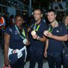 Gwladys Épangue, Guillaume Raineau et Franck Solforosi - Retour à Paris des athlètes français des Jeux olympiques de Rio 2016 à l'aéroport de Roissy le 23 août 2016.