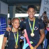 Tony Yoka et sa fiancée Estelle Mossely - Retour à Paris des athlètes français des Jeux olympiques de Rio 2016 à l'aéroport de Roissy le 23 août 2016.