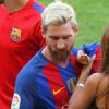 Lionel Messi, sa femme Antonella et leurs enfants Mateo et Thiago - Match FC Barcelone - Betis Seville au Camp Nou. Barcelone, le 20 août 2016.