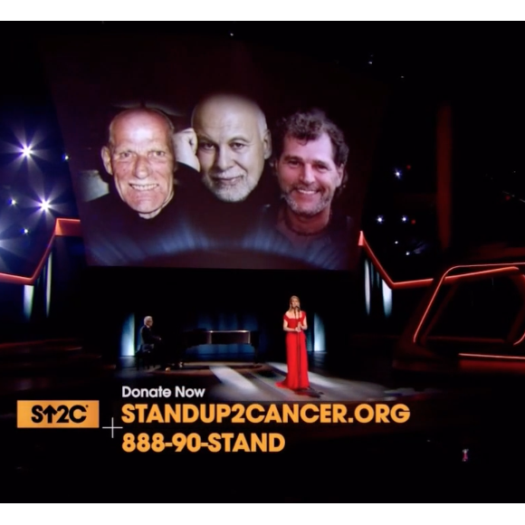 Céline Dion avec l'image des trois hommes de sa vie, son père Adhémar, son mari René et son frère Daniel, tous trois emportés par la maladie, lors de son interprétation de Recovering, chanson écrite pour elle par Pink, lors de la soirée télévisée de bienfaisance Stand up to Cancer produite par Bradley Cooper, le 9 septembre 2016 à Los Angeles.