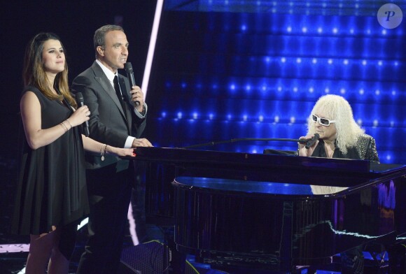 Karine Ferri, Nikos Aliagas et Michel Polnareff - Plateau de la finale de l'émission "The Voice" à Paris. Le 14 mai 2016 © Coadic Guirec / Bestimage