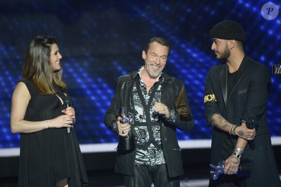 Karine Ferri, Florent Pagny et Slimane - Plateau de la finale de l'émission "The Voice" à Paris. Le 14 mai 2016 © Coadic Guirec / Bestimage