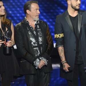 Karine Ferri, Florent Pagny et Slimane, Nikos Aliagas - Plateau de la finale de l'émission "The Voice" à Paris. Le 14 mai 2016 © Coadic Guirec / Bestimage