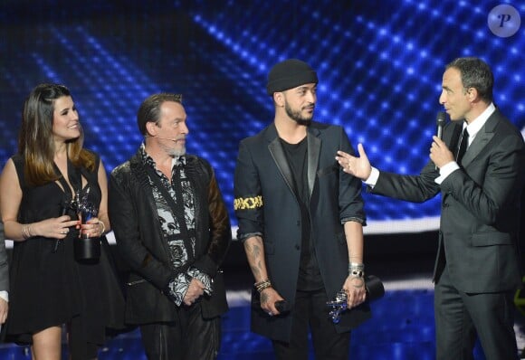 Karine Ferri, Florent Pagny et Slimane, Nikos Aliagas - Plateau de la finale de l'émission "The Voice" à Paris. Le 14 mai 2016 © Coadic Guirec / Bestimage