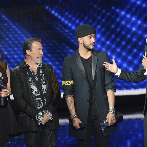 Karine Ferri, Florent Pagny et Slimane, Nikos Aliagas - Plateau de la finale de l'émission "The Voice" à Paris. Le 14 mai 2016 © Coadic Guirec / Bestimage