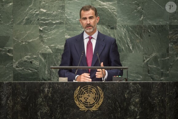 Le roi d'Espagne Felipe VI pendant un discours lors du premier jour de la 71e Assemblée Générale de l'ONU à New York, le 20 septembre 2016.