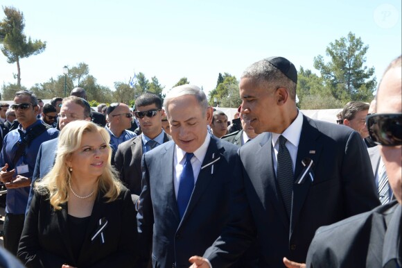 Benyamin Netanyahou et sa femme Sara, Barack Obama - Obsèques de Shimon Pérès, au cimetière national du mont Herzl à Jérusalem. Israël, le 30 septembre 2016.