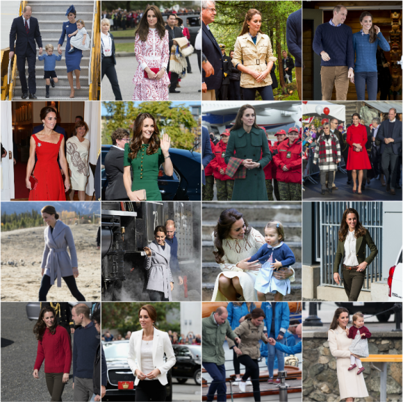 Kate Middleton, duchesse de Cambridge, a fait sensation avec ses looks lors du royal tour au Canada, du 24 septembre au 1er octobre 2016. Une garde-robe éclectique pour un montant record... Photomontage Purepeople.