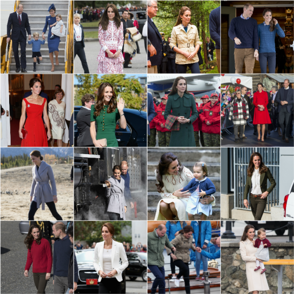 Kate Middleton, duchesse de Cambridge, a fait sensation avec ses looks lors du royal tour au Canada, du 24 septembre au 1er octobre 2016. Une garde-robe éclectique pour un montant record... Photomontage Purepeople.