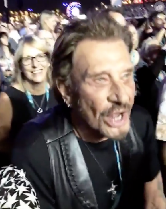 Johnny et Laeticia Hallyday chantent à tue-tête durant le concert des Rolling Stones à Indio, le 14 octobre 2016. (Capture d'écran d'une vidéo postée sur Instagram)