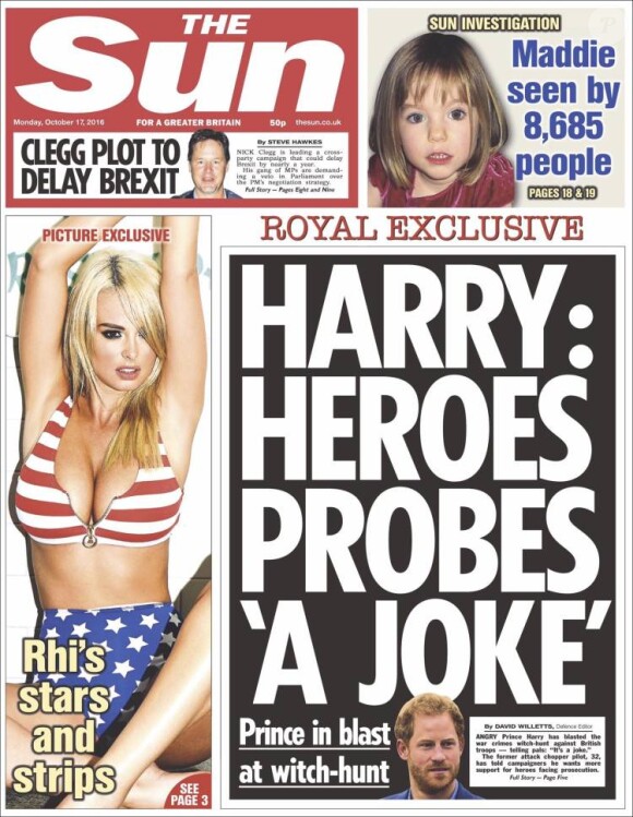 Une du tabloïd The Sun du 17 octobre 2016, sur le prince Harry.