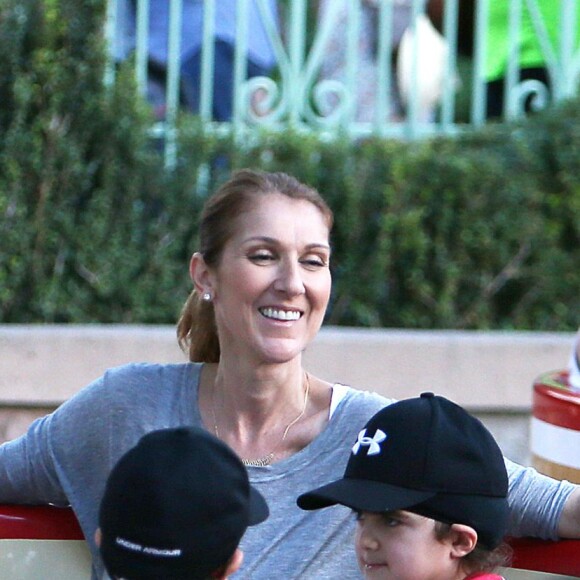 Exclusif - Céline Dion et ses fils Nelson et Eddy font des tours de manège au Disneyland d'Anaheim en Californie le 15 octobre 2015.