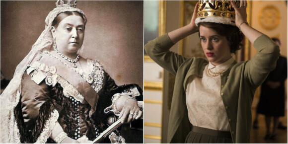 La reine Victoria en 1882 face à la jeune actrice Claire Foy, qui incarne Elisabeth II dans The Crown, une série originale Netflix.