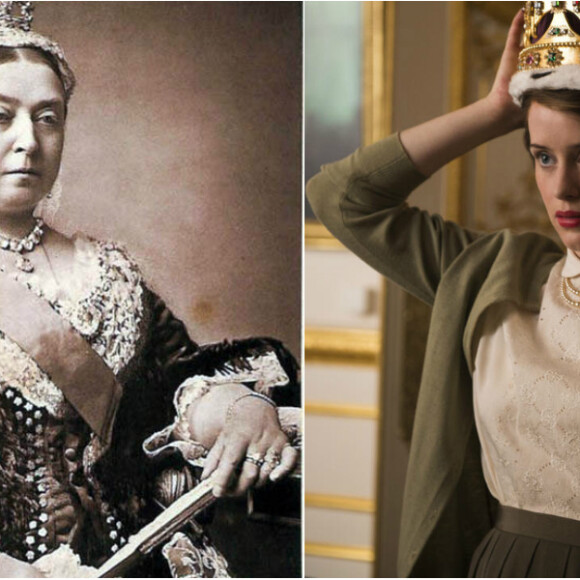 La reine Victoria en 1882 face à la jeune actrice Claire Foy, qui incarne Elisabeth II dans The Crown, une série originale Netflix.