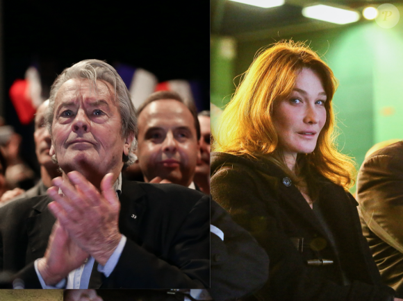 Alain Delon au meeting d'Alain Juppé et Carla Bruni à celui de son mari Nicolas Sarkozy le même jour, le 14 novembre 2016 - photomontage