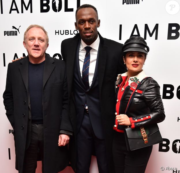 Francois-Henri Pinault, Usain Bolt et Salma Hayek à la première de 'I Am Bolt' à The Odeon à Leicester Square à Londres, le 28 novembre 2016.