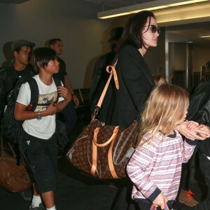 Brad Pitt, sa femme Angelina Jolie et leurs enfants Maddox, Pax, Zahara, Shiloh, Vivienne et Knox prennent l'avion à l'aéroport de Los Angeles pour venir passer quelques jours dans leur propriété de Miraval, le 6 juin 2015.