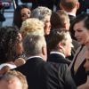 Luc Besson avec sa femme Virginie Silla et son ex-femme Milla Jovovich (bracelet, boucles d'oreilles et collier Montblanc) à la montée des marches du film "The Last Face" lors du 69ème Festival International du Film de Cannes le 20 mai 2016. © Lionel Urman / Bestimage