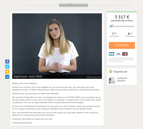 La cagnotte de Clara Morgane sur Leetchi.com pour l'opération #rechauffonslescoeurs en faveur de l'association Action Froid a déjà dépassé les 3 500 euros.