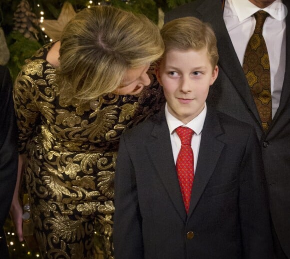 La reine Mathilde de Belgique et le prince Emmanuel assistent au concert de Noël au Palais Royal de Bruxelles, Belgique, le 21 décembre 2016.