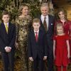 Le roi Philippe de Belgique, la reine Mathilde de Belgique, leurs enfants, le prince Gabriel, le prince Emmanuel, la princesse Eléonore et la princesse Elisabeth assistent au concert de Noël au Palais Royal de Bruxelles, Belgique, le 21 décembre 2016.