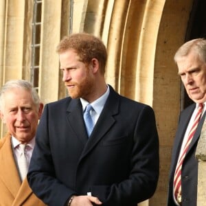 Le prince Charles, le prince Harry et le prince Andrew à la messe de Noël en l'église St Mary à Sandringham (Norfolk) le 25 décembre 2016.