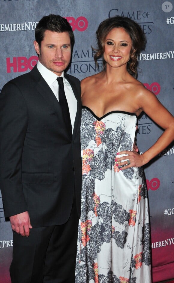 Vanessa Minnillo et son mari Nick Lachey - Présentation de la saison 4 de la série "Game of Thrones" à New York, le 19 mars 2014.