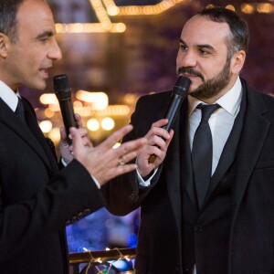 Exclusif - Nikos Aliagas et François-Xavier Demaison lors de l'enregistrement de l'émission "Toute la musique qu'on aime" à Disneyland Paris, le 12 décembre 2016. L'émission sera présentée par Nikos Aliagas et diffusée sur TF1 le 31 décembre. © Cyril Moreau / Bestimage