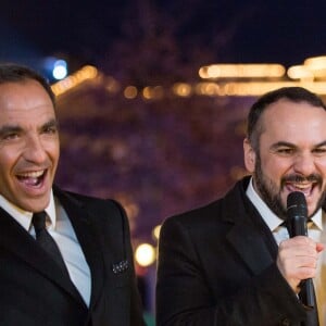 Exclusif - Nikos Aliagas et François-Xavier Demaison lors de l'enregistrement de l'émission "Toute la musique qu'on aime" à Disneyland Paris, le 12 décembre 2016. L'émission sera présentée par Nikos Aliagas et diffusée sur TF1 le 31 décembre. © Cyril Moreau / Bestimage