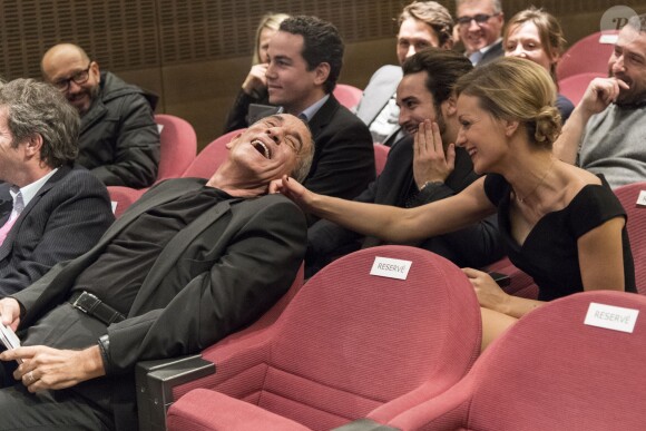 Thierry Ardisson et sa femme Audrey Crespo-Mara, Gaston Ardisson - Cérémonie du Prix Philippe Caloni décerné à Thierry Ardisson à la SCAM (Société civile des auteurs multimedia) à Paris le 17 janvier 2017.